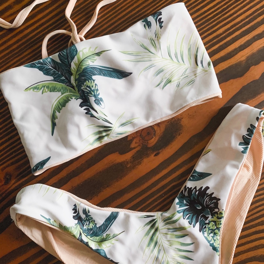 White Palm & Pink Reversable Bikini